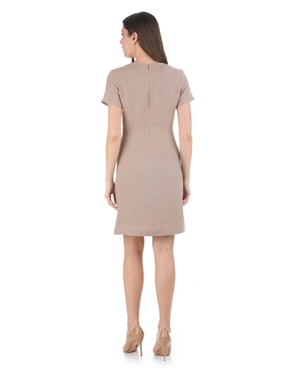 Beige safari-style linen dress with asymmetrical buttons | Dresses - 7