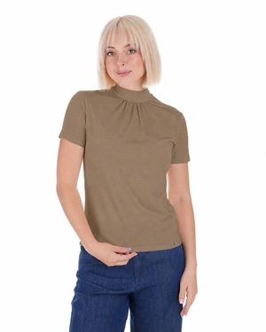 Beige short-sleeve blouse with delicate gathering at the collar | T-shirts - 1
