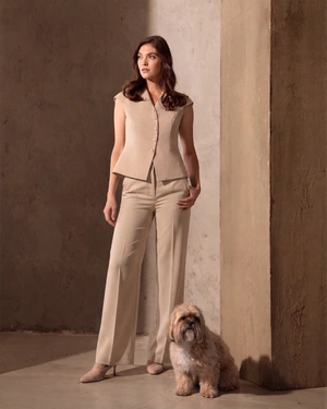 Beige straight-leg trousers in linen and viscose | Trousers - 1