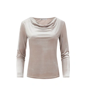 Beige velvet blouse with a draped neckline | Blouses | Dikastore.ro Beige velvet blouse with a draped neckline | Blouses