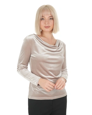 Beige velvet blouse with a draped neckline | Blouses | Dikastore.ro - 1 Beige velvet blouse with a draped neckline | Blouses - 1