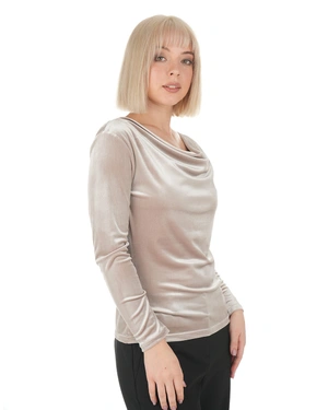 Beige velvet blouse with a draped neckline | Blouses | Dikastore.ro - 2 Beige velvet blouse with a draped neckline | Blouses - 2