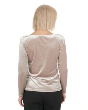 Beige velvet blouse with a draped neckline | Blouses | Dikastore.ro - 3 Beige velvet blouse with a draped neckline | Blouses - 3