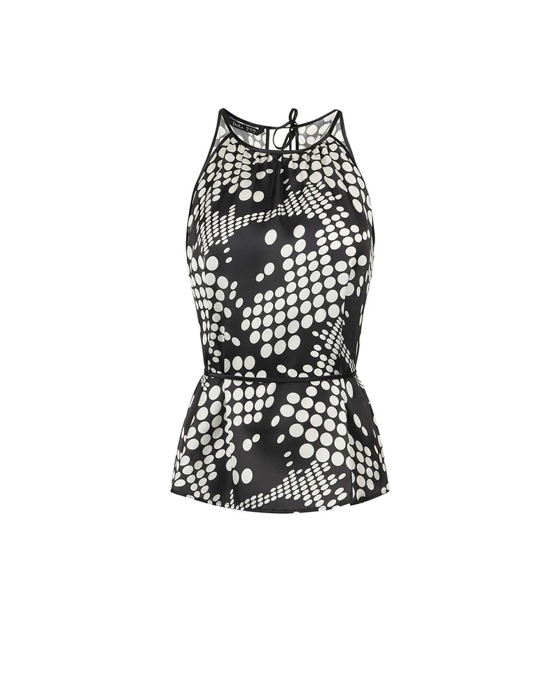Black and white sleeveless top with waist tie | Blouses