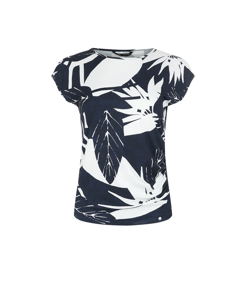 Black and white viscose T-shirt with stylized tropical print | T-shirts