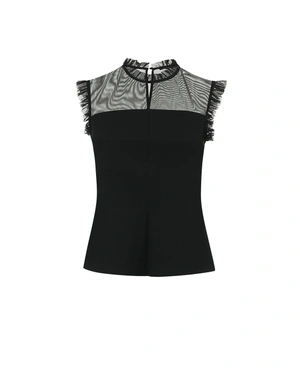 Black blouse with striking chiffon neckline and elegant ruffles | Blouses - 7