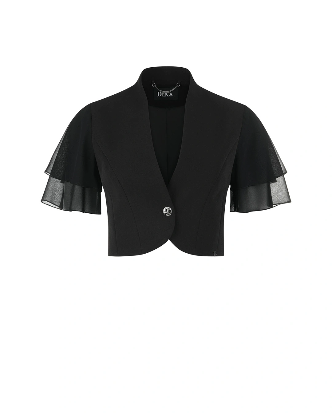 Black bolero jacket with a fitted silhouette and ruffled sleeve
