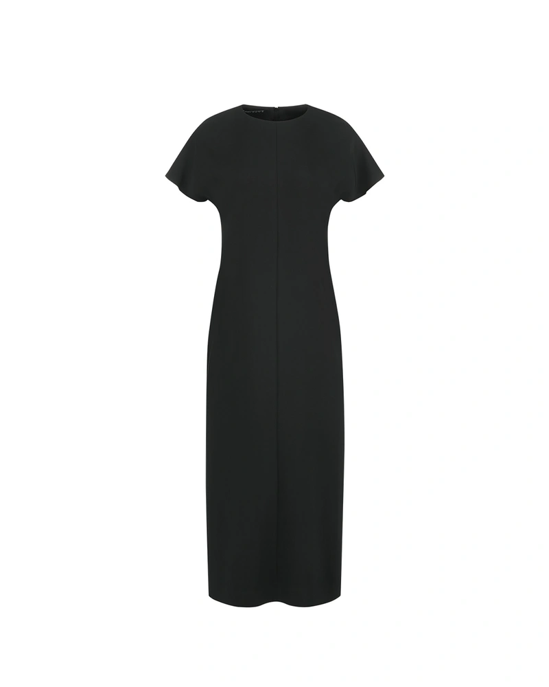 Black classic dress with short dropped sleeve and below-the-knee length | Dresses and Jumpsuits