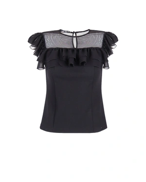 Black elegant blouse with ruffles and mesh detail | NEW - 3