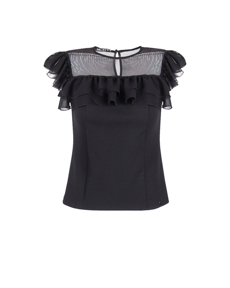 Black elegant blouse with ruffles and mesh detail | Blouses