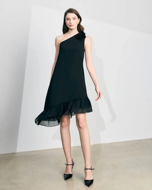 Black fine chiffon dress, one-shoulder with a rose detail | Dresses - 1