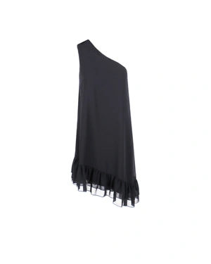Black fine chiffon dress, one-shoulder with a rose detail | Dresses - 2