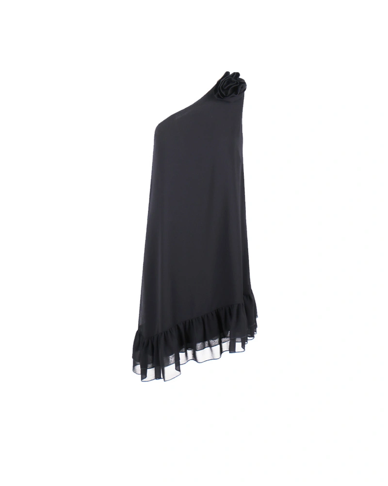 Black fine chiffon dress, one-shoulder with a rose detail | Dresses