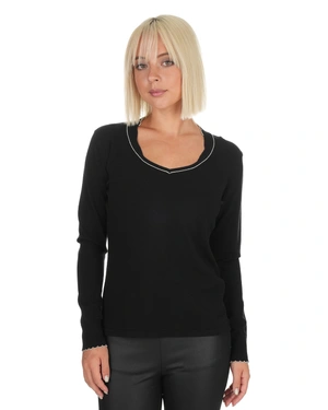 Black fine sweater with round neckline and gold trim | Knitwear - 3