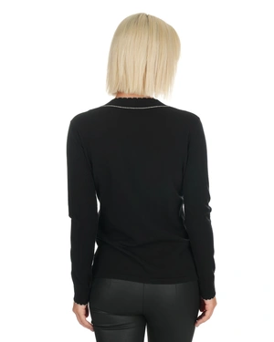Black fine sweater with round neckline and gold trim | Knitwear - 5