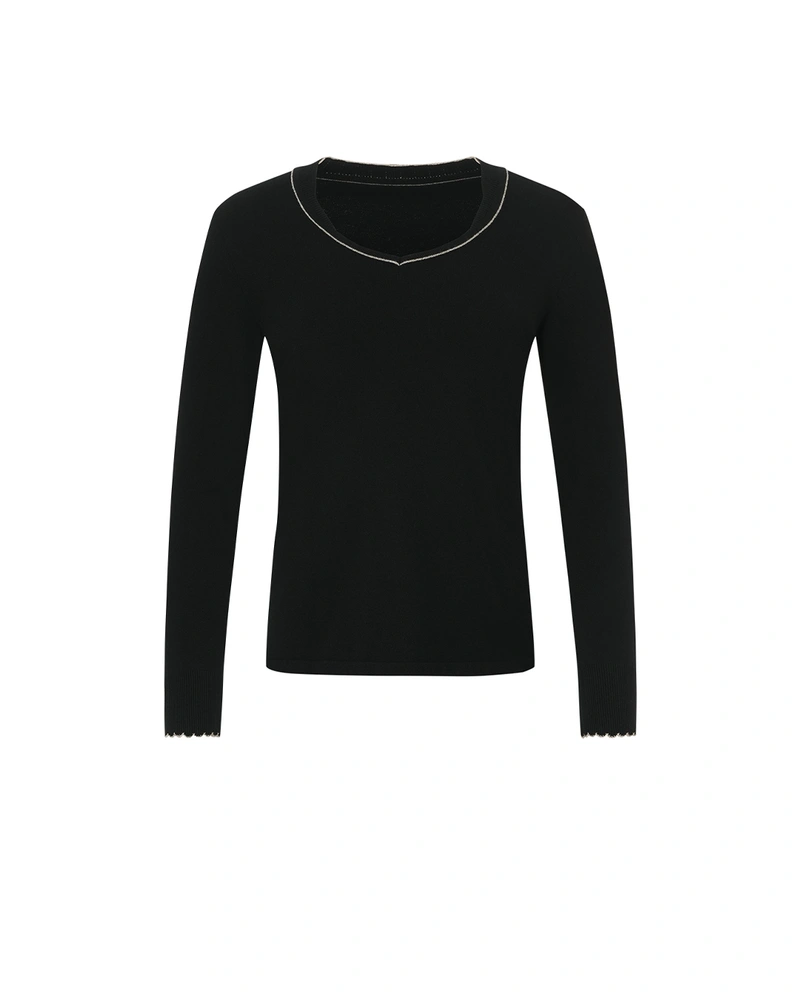Black fine sweater with round neckline and gold trim | Knitwear