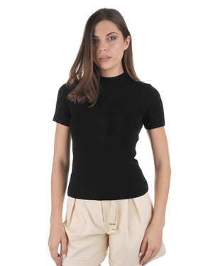 Black fine sweater with short sleeves, crew neckline and regular fit | Knitwear - 1