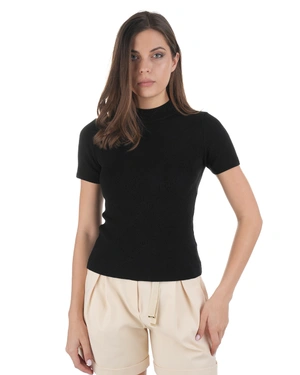 Black fine sweater with short sleeves, crew neckline and regular fit | Knitwear - 2