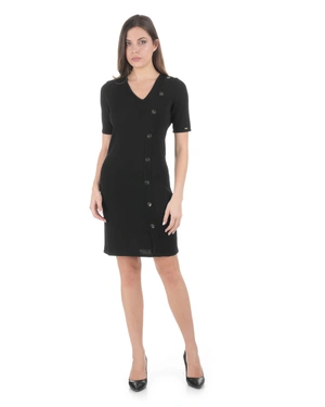 Black knit dress with V-neckline and decorative buttons | Dresses - 1