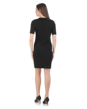 Black knit dress with V-neckline and decorative buttons | Dresses - 2