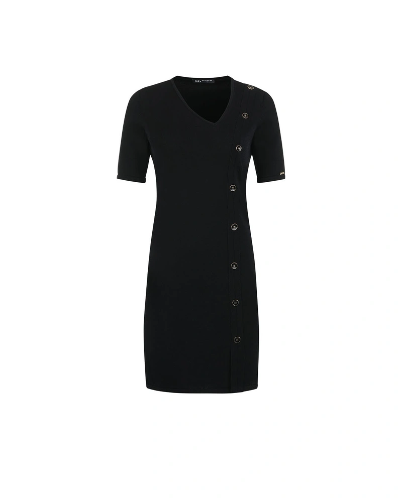 Black knit dress with V-neckline and decorative buttons | Dresses