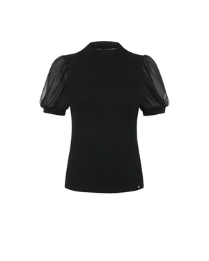 Black knit T-shirt with lurex threads and puffed sleeves | Blouses - 6