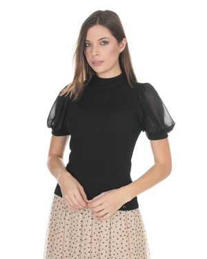 Black knit T-shirt with lurex threads and puffed sleeves | Blouses - 8