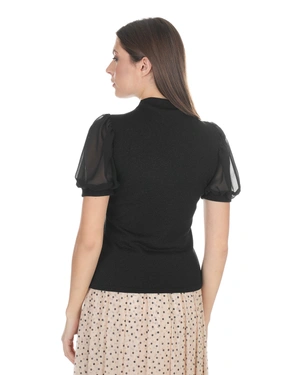 Black knit T-shirt with lurex threads and puffed sleeves | Blouses - 9