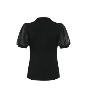 Black knit T-shirt with lurex threads and puffed sleeves | Blouses - 10