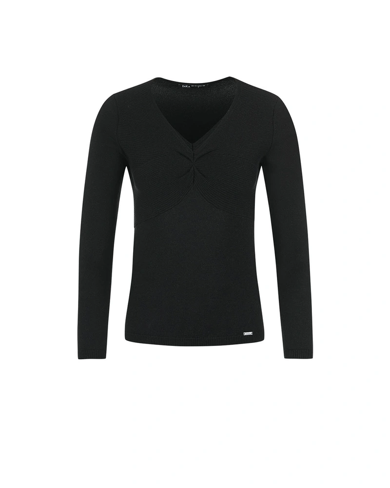 Black knit top with V-neckline with ruching and lurex shimmer | Pullovers