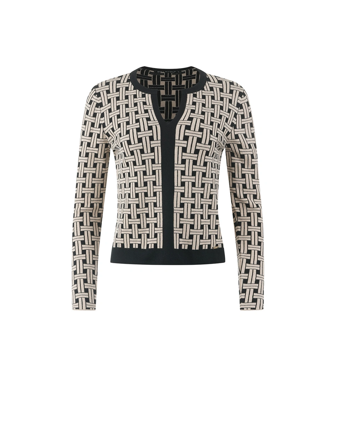 トップス hck5351 COMBINATION KNIT 48 Top tricotat negru cu motiv decorativ jacquard bej - vezi Prețul