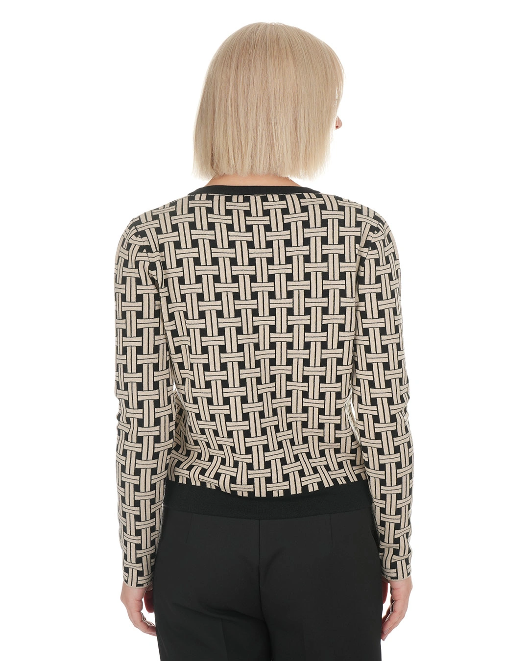 トップス hck5351 COMBINATION KNIT 48 Top tricotat negru cu motiv decorativ jacquard bej - vezi Prețul