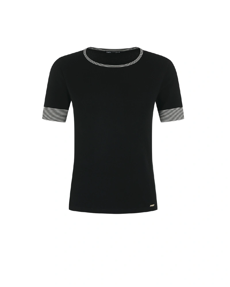 Black knitted top with trim on neckline and sleeves | Knitwear