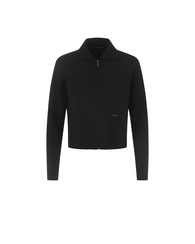 Cardigan negru tricotat pentru femei cu fermoar | Cardigane