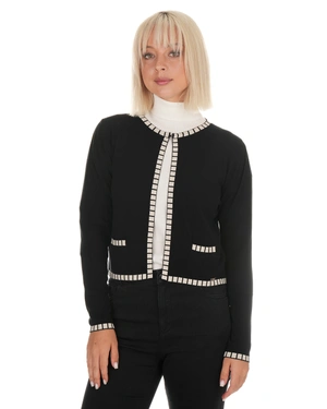 Cardigan negru tricotat pentru femei, cu perle decorative | Cardigane - 1