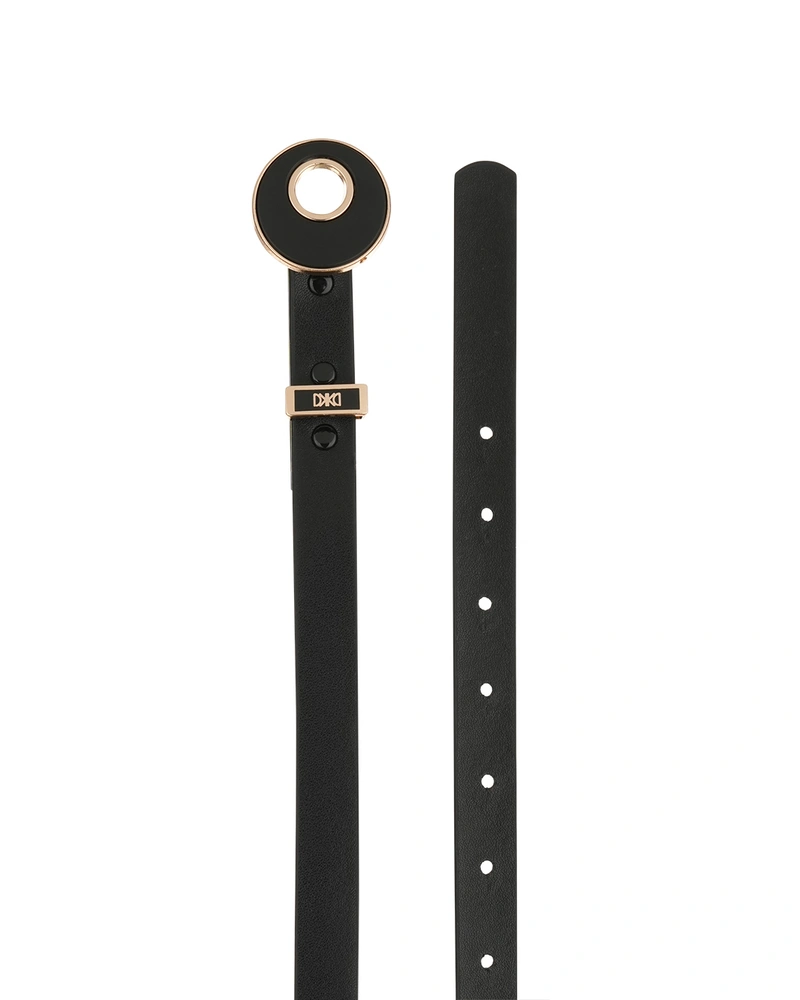Black leather belt with round buckle in gold and black | Belts