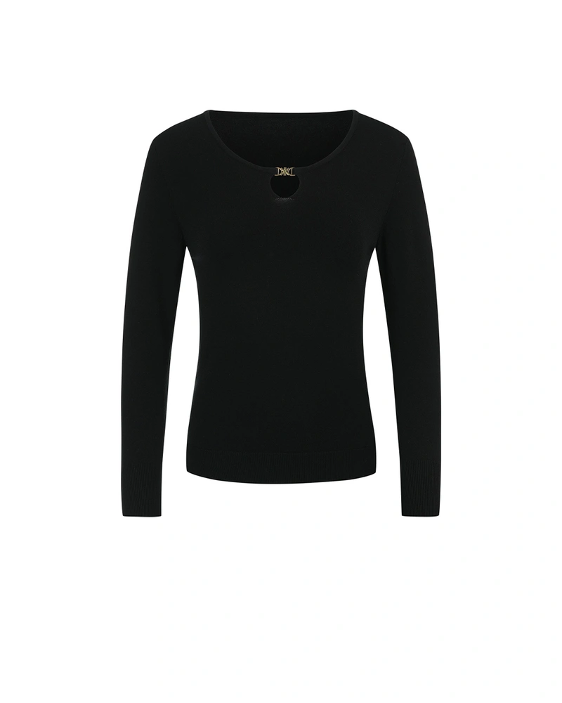 Black long sleeve top with teardrop opening and logo | Knitwear