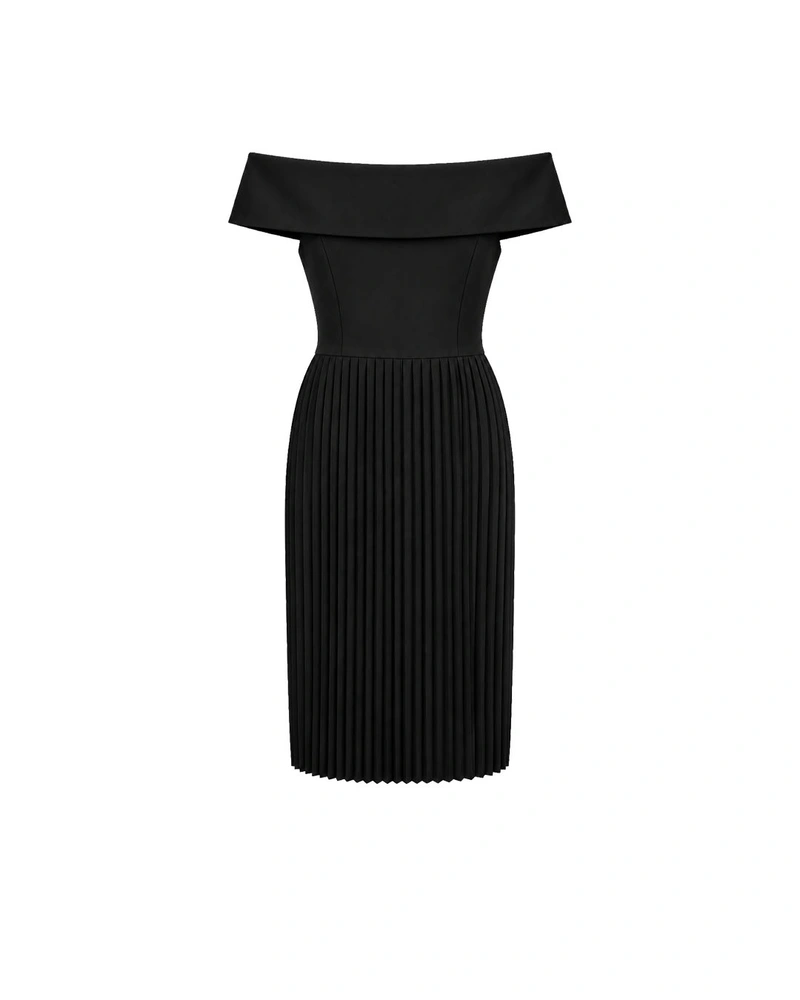 Black off-the-shoulder dress with a pleated skirt | Dresses