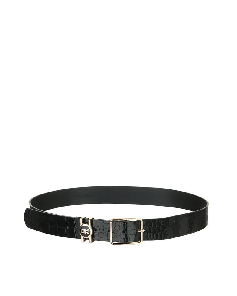 Black patent leather belt with square buckle and loop with stylized logo in black and gold | Belts