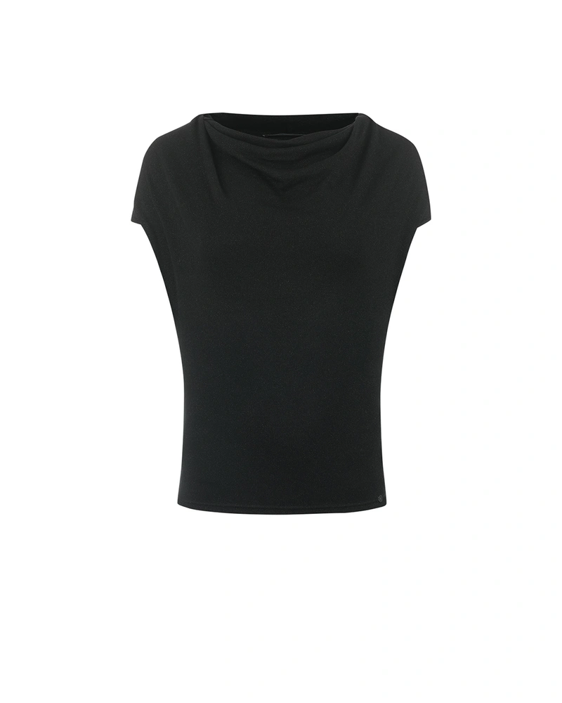 Crni svetlucavi ženski top sa elegantnim drapiranjem | NOVO | Dika.rs Crni svetlucavi ženski top sa elegantnim drapiranjem | NOVO