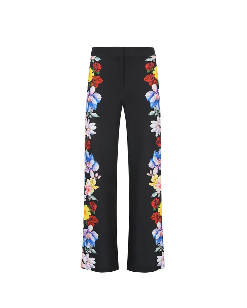 Черен прав панталон със страничен флорален принт | НОВО