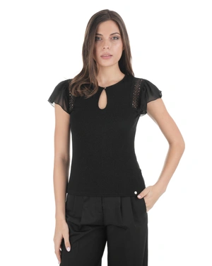 Black viscose top with shimmering threads, short chiffon sleeves, and lace details | T-shirts and Tops - 1