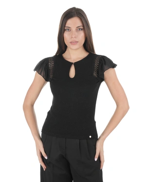Black viscose top with shimmering threads, short chiffon sleeves, and lace details | T-shirts and Tops - 2