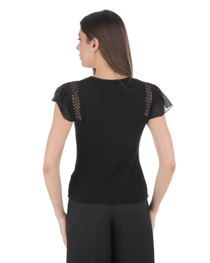Black viscose top with shimmering threads, short chiffon sleeves, and lace details | T-shirts and Tops - 3