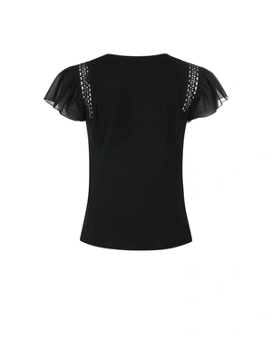 Black viscose top with shimmering threads, short chiffon sleeves, and lace details | T-shirts and Tops - 4
