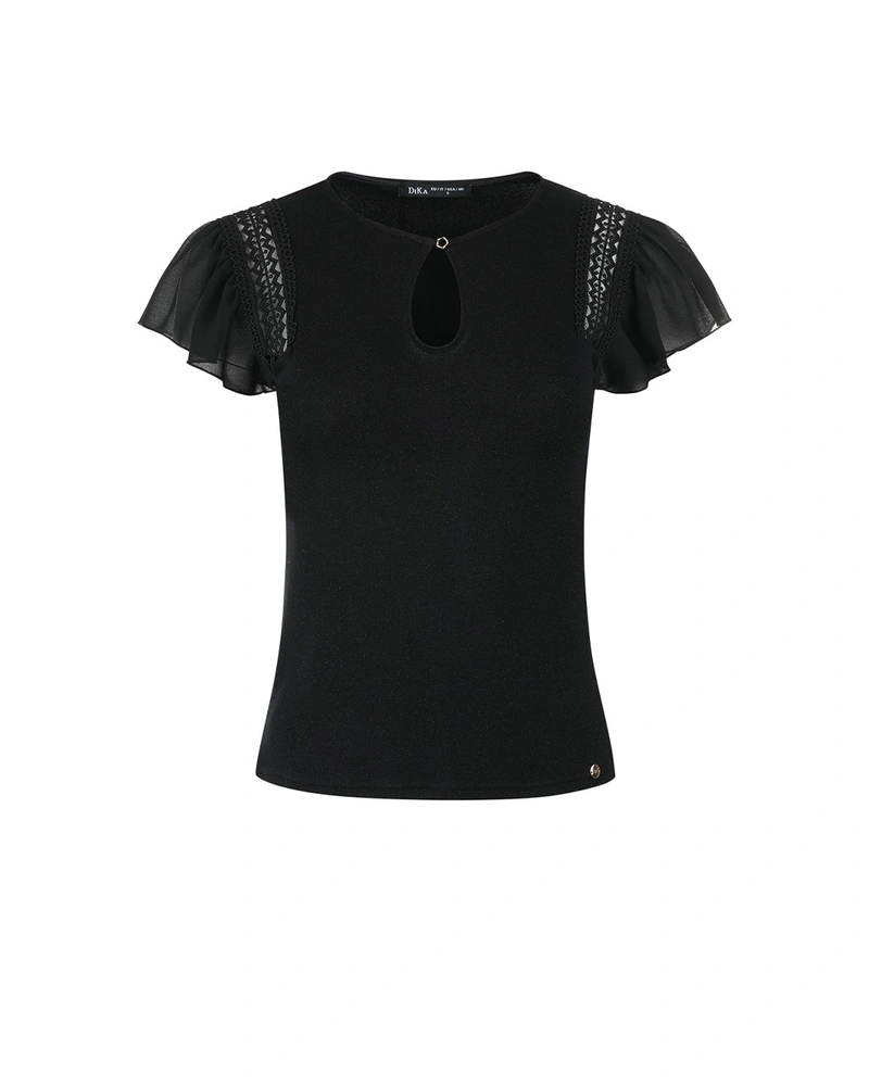 Top negru din viscoză cu fire strălucitoare, cu mâneci scurte din șifon și detalii de dantelă | T-shirts