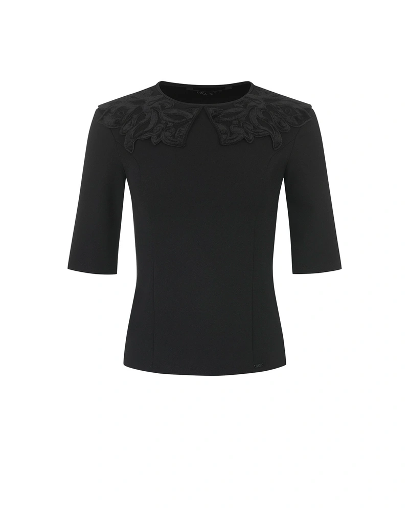 Black women's blouse with a decorative lace collar and an elegant silhouette | Blouses