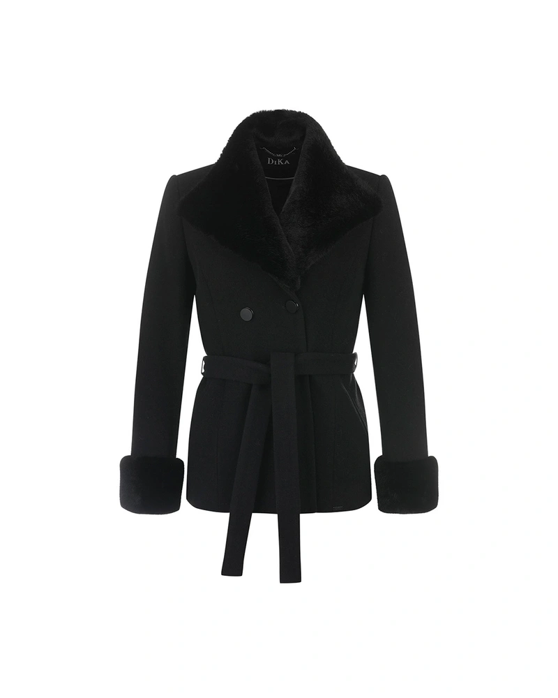Black women's wool coat with a decorative collar | Outwear