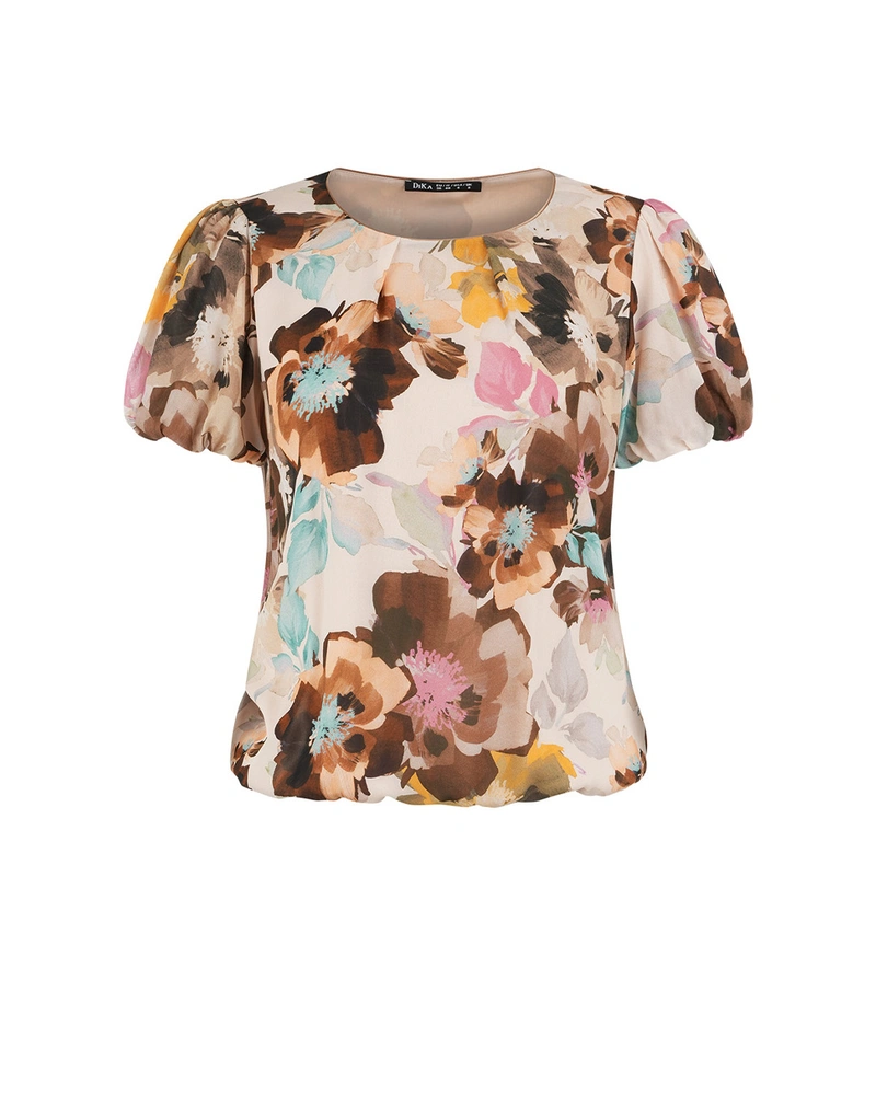 Blouse with stylized floral print in pastel earth tones | Blouses