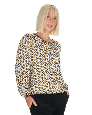 Blouse with stylized print in mustard and black on a light beige background | Blouses - 3